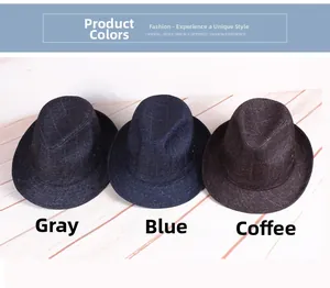 Detailed close-up of textured grey, blue, and coffee fedora hats with metal buckle accents