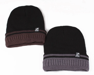 Detailed close-up of stripe knit winter beanies with fleece lining and Sport patches