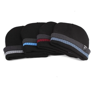 Set of 4 winter knit beanies in black with colorful striped cuffs and star logo patch