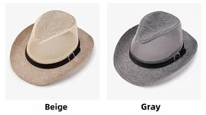 Detail view of beige and grey mesh fedora hats with decorative bands and metal buckles