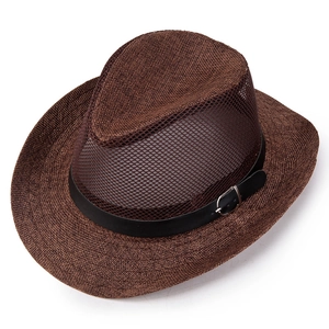 Brown breathable mesh cowboy hat with wide brim and leather strap for sun protection