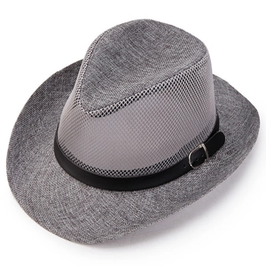 Grey mesh fedora sun hat with breathable top and decorative leather buckle strap