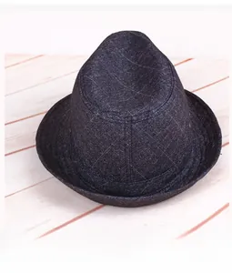 Rear view of a dark grey wool blend fedora hat with elegant subtle plaid pattern