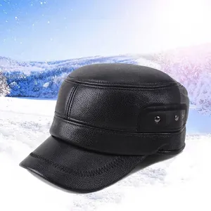 Faux leather winter cap with ear flaps and thick lining for cold weather men's headwear