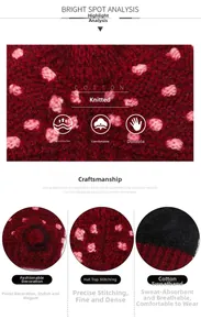 Detail of dark red cotton knitted beanie showing flower texture and inner sweatband
