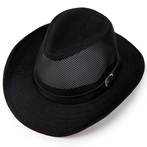 Detail of black summer sun hat featuring breathable mesh crown and leather buckle strap