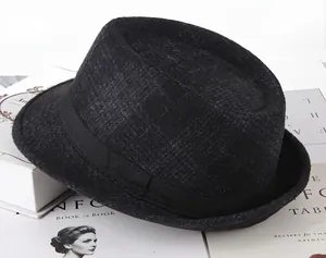 Classic small black grid fedora hat for men in autumn wool blend flannel style