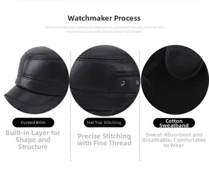 Detail of winter faux leather cap showing curved brim, fine stitching, and cotton sweatband