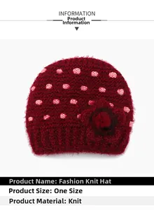 Detail of dark red knitted hat featuring pink polka dots and 3D floral accent