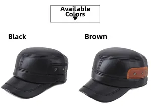 Detail view of winter faux leather cadet caps in black and brown with side rivet accents