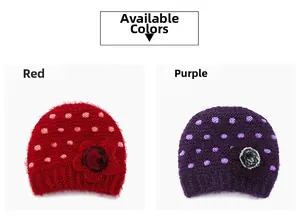 Close-up of red and purple knit beanies with polka dots and side floral accents