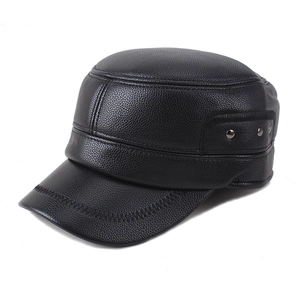Winter faux leather baseball cap with ear flaps and metal rivet details in black finish
