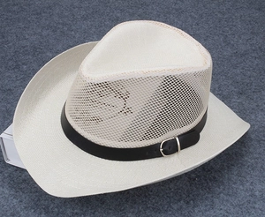 Detail of breathable mesh crown and woven straw brim on beige cowboy sun hat