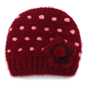 Winter chunky knit beanie in dark red with pink polka dots and side crochet flower detail