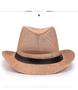 Front view of breathable straw cowboy hat with mesh crown and black leather trim