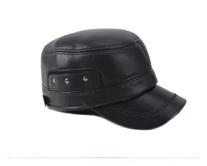 Side view of black faux leather military cap with litchi grain and metal rivets detail
