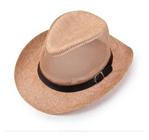 Detail of breathable mesh panel and brown straw hat with black leather strap buckle