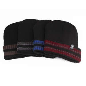 Winter thermal knit beanie set for men featuring fleece lining and striped cuffs in four colors
