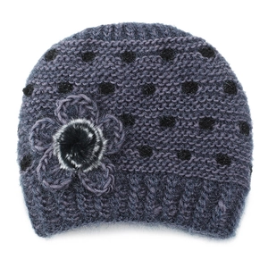 Dark purple chunky knit beanie for women with polka dots and large flower pom-pom detail