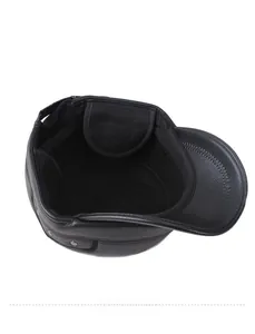 Internal view of a faux leather baseball cap with fleece lining and foldable ear flaps