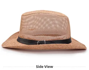 Side view of a woven straw cowboy hat with a wide brim and black leather decorative strap
