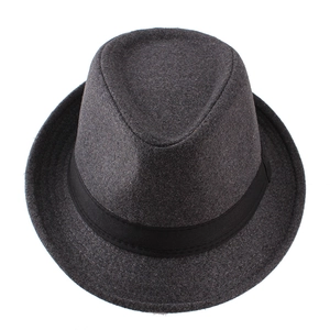 Detailed top view of a classic dark grey wool fedora with a black grosgrain ribbon