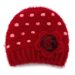 Red knit beanie with pink polka dots and large decorative 3D knit flower for winter