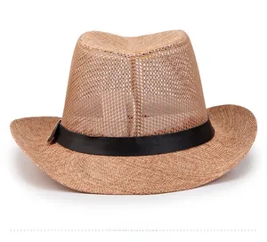 Detailed back view of outdoor straw cowboy hat with breathable mesh crown and black ribbon