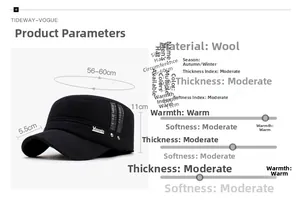Detailed size chart for winter woolen baseball cap with head circumference and brim measures