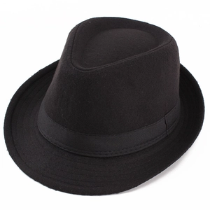 Classic black wool fedora hat with decorative ribbon shown from a 45-degree side angle