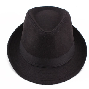 Top-down view of a classic black flannel jazz hat with a matching ribbed ribbon band