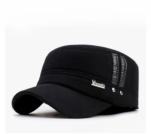 Detail of wool baseball cap with Vsports metal logo and side leather stripe accents