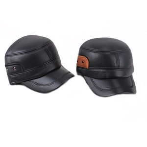 Winter men's faux leather flat top military cap with ear flaps for cold protection