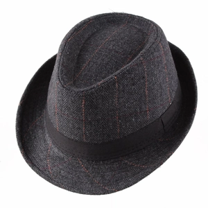 Detailed view of dark grey plaid fedora hat with red windowpane check and black ribbon