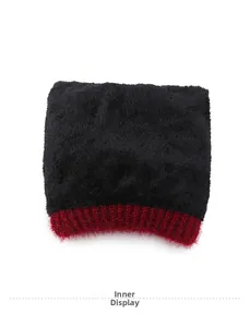 Detailed interior view of soft black fleece lining with red knit ribbed trim for winter hat