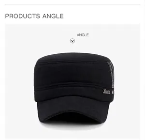 Mens winter black wool military flat cap with ear flaps and metallic Vsports emblem