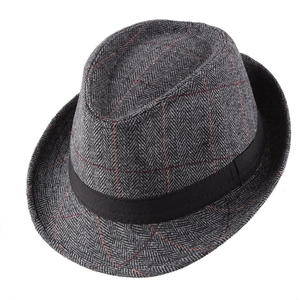 Close-up of grey herringbone fedora hat with fine orange plaid and black ribbon trim
