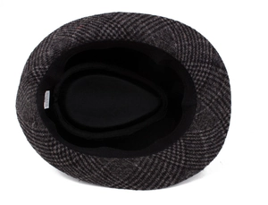 Detailed top view showing internal sweatband and quality label of plaid fedora hat