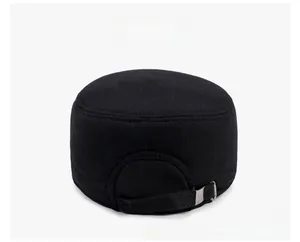 Back view of thick wool military cap showing adjustable metal buckle and strap