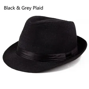 Classic men's black and grey plaid fedora hat with elegant black satin decorative band