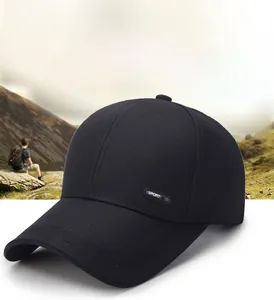 Detail view of black outdoor baseball cap featuring a rubberized SPORT logo label