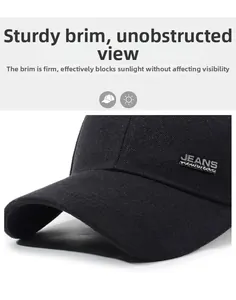 Close-up of black cotton twill baseball cap with durable brim and JEANS logo patch