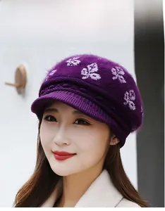 Close-up of deep purple knit beanie featuring floral patterns and soft plush texture