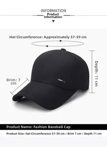 Detailed size measurement chart of the black cotton baseball cap showing dimensions