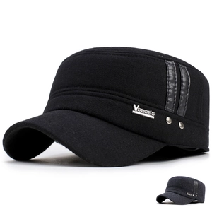Men Winter Warm Woolen Cadet Cap Solid Color Flat Top Hat With Ear Flaps Outdoor Cold Weather Baseball Cap For Middle Aged