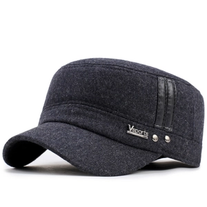 Dark grey wool military cap for men featuring leather straps and Vsports metal badge