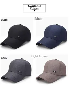 Detail view of cotton baseball caps in black, blue, gray and beige with SPORT labels