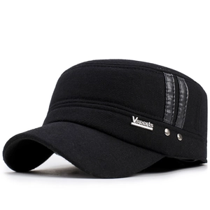 Winter black cadet cap in wool fabric with ear protection and silver metal logo detail