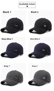Detail view of winter baseball caps in gray and blue with metal plate and M embroidery