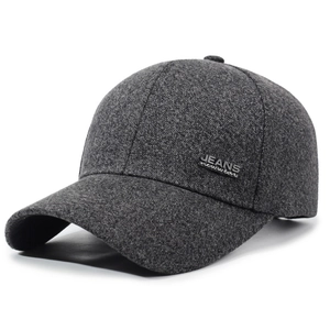 Men's wool blend winter baseball cap in dark grey with side patch and long brim